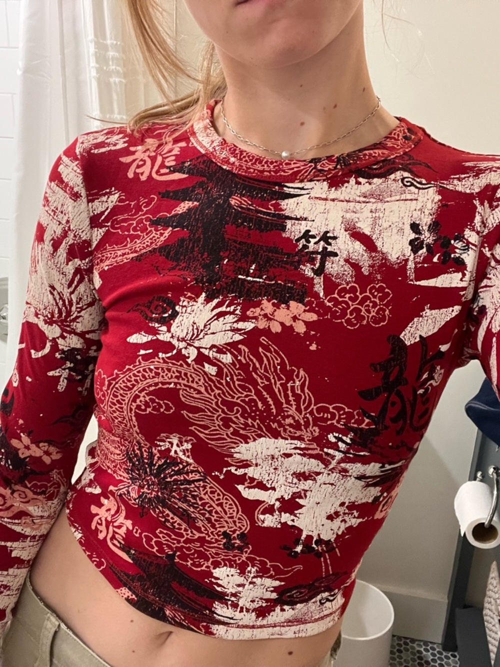 Urban Outfitters Red Graphic Long-Sleeve Crop Top